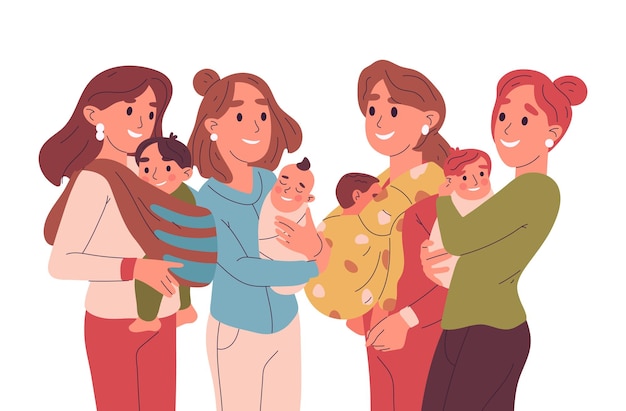 Madres con bebés Padres femeninos con niños lindos madres cargando recién nacidos y niños pequeños ilustración vectorial plana Concepto de maternidad en blanco