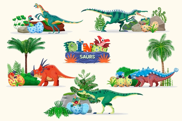 Madres dinosaurios prehistóricos con crías en huevos