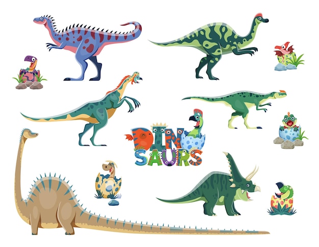 Vector madres dinosaurios y sus bebés en huevos de vector