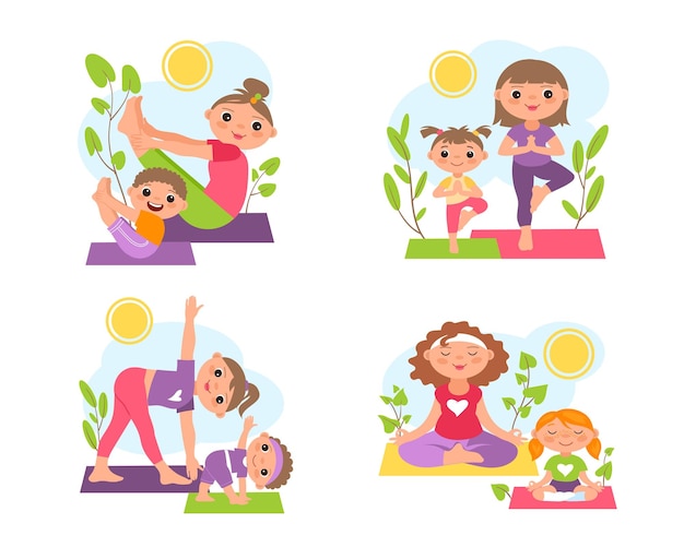 Madres yoga con niños mamá hijo hija hacer gimnasia deporte al aire libre con padres e hijos entrenamiento familiar en el parque la gente practica pilates o meditación conjunto de ejercicios vectoriales