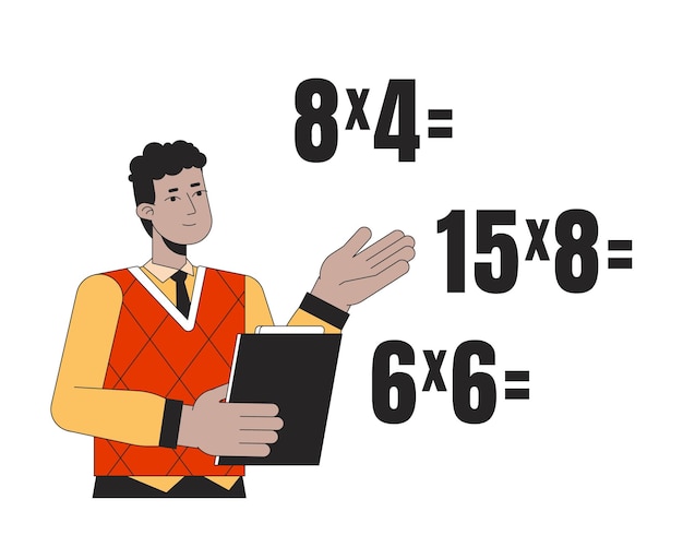 maestra afroamericana que enseña matemáticas línea plana carácter vectorial de color