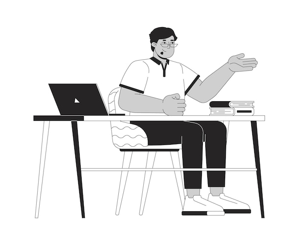 Maestra árabe atrayendo la atención con gestos personaje de dibujos animados en línea 2D en blanco y negro