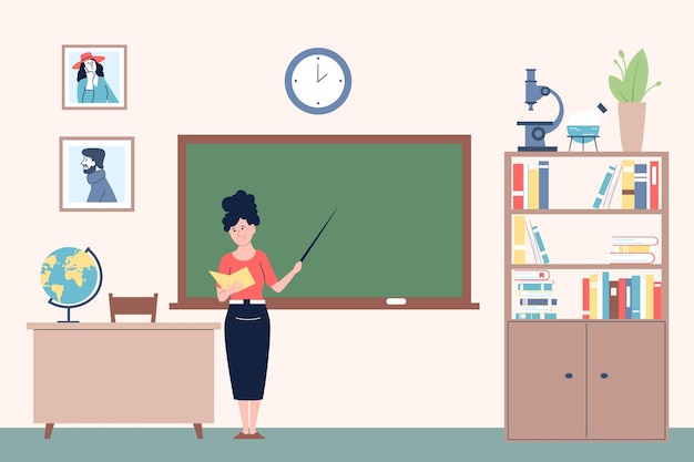 Maestra en el aula Clase de escuela o universidad plana y joven profesora en la pizarra Cursos de educación conferenciante o enseñanza escena vectorial reciente