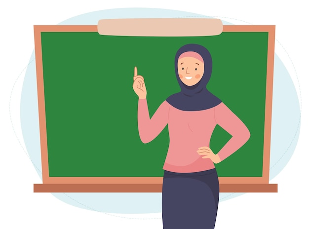 Maestra en el aula. Mujer musulmana mostrando algo en una pizarra. escuela y aprendizaje