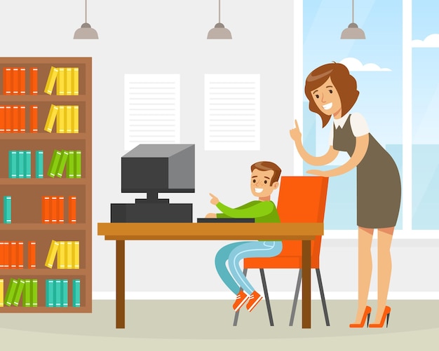 Maestra ayudando a un estudiante de escuela primaria en la clase de computación Madre enseñando a su hijo Educación y aprendizaje Concepto Ilustración vectorial de dibujos animados