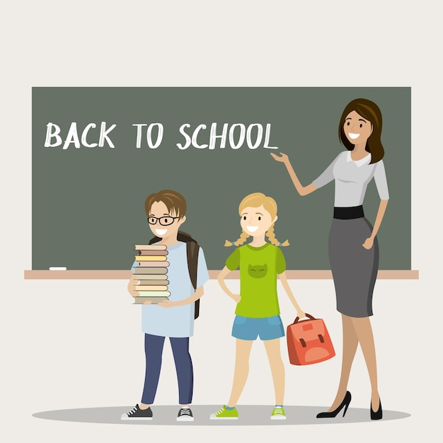 Maestra caucásica, escolar y estudiante en una ilustración vectorial en el aula