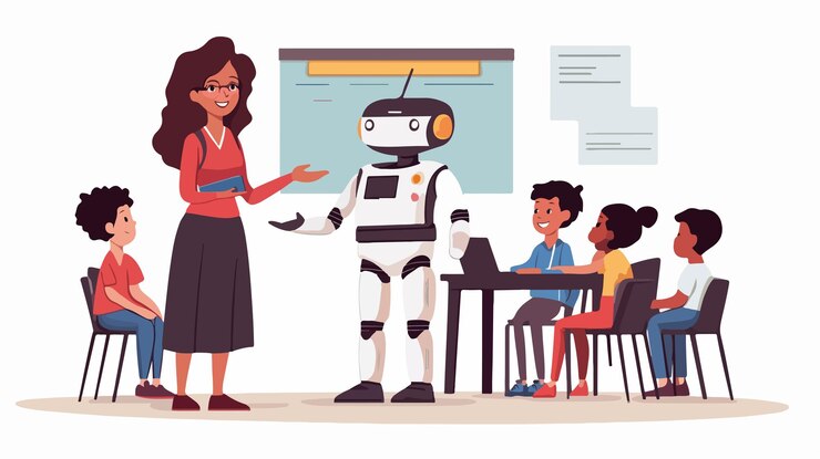 Vector una maestra experimentada explica el grupo de estudiantes multirraciales en el aula