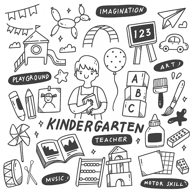 Maestra de Kindergarten y juguetes en Doodle ilustración