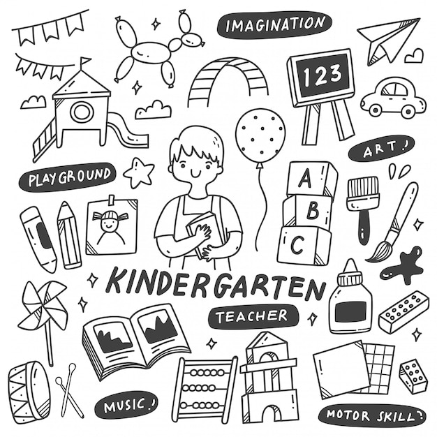 Maestra de kindergarten y juguetes en doodle ilustración