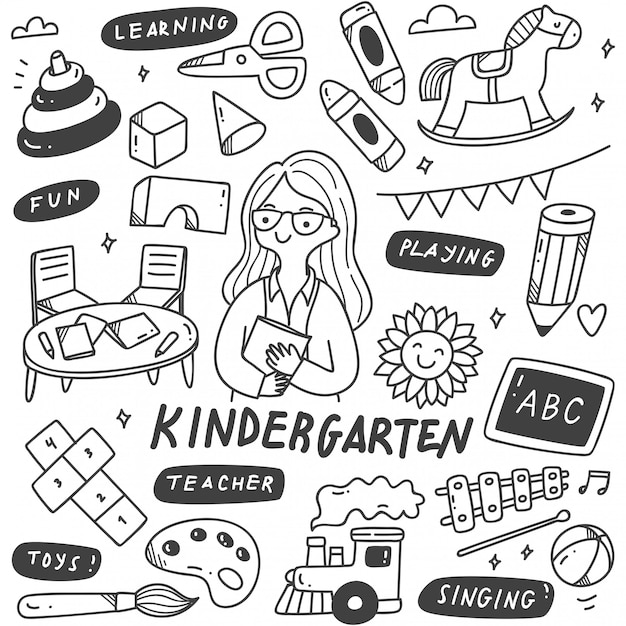 Maestra de kindergarten y juguetes en doodle ilustración