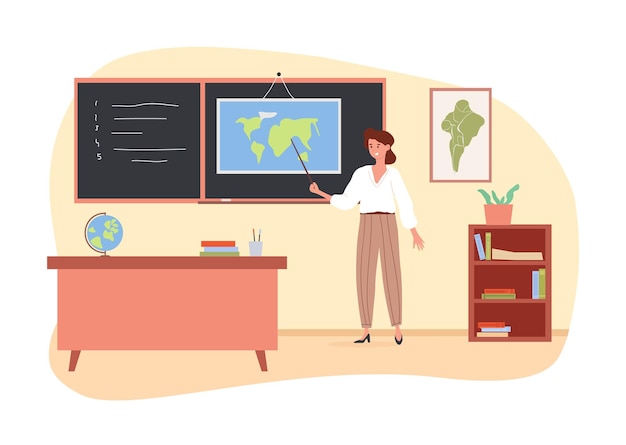 Maestra en la lección persona apunta al mapa con el puntero educación y geografía mujer dando tarea a
