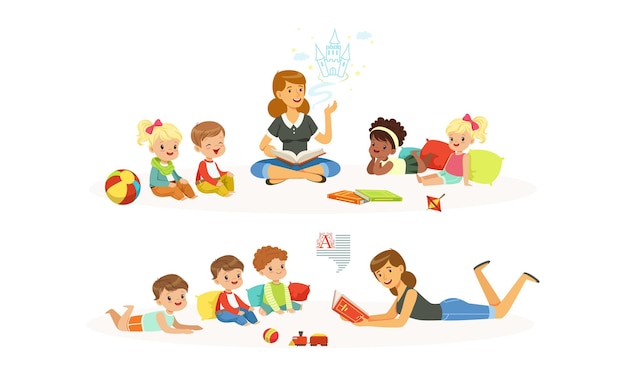 Maestra leyendo un libro a los niños en el jardín de infantes Niños escuchando cuentos de hadas en el aula de la escuela primaria Ilustración vectorial de dibujos animados
