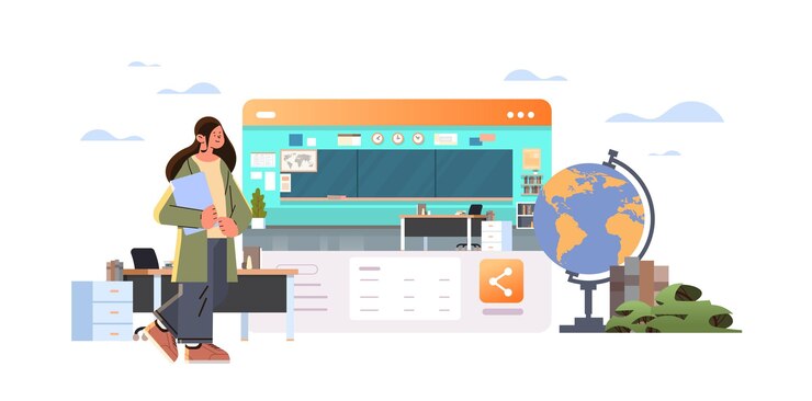 Vector maestra con libro en el servicio de aula para maestros concepto de celebración del día del trabajo feliz ilustración vectorial horizontal