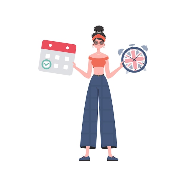 La maestra muestra que es hora de aprender inglés El concepto de aprender inglés Vector de estilo a la moda aislado