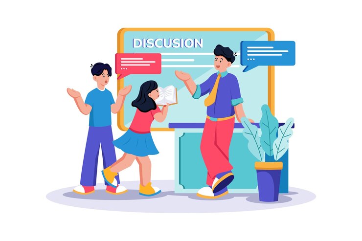 Vector un maestro dirige una discusión en clase sobre un evento actual.