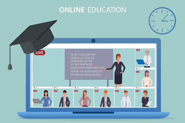 Un maestro enseña a los estudiantes a través de videoconferenciaEl concepto de aprender desde casa obteniendo