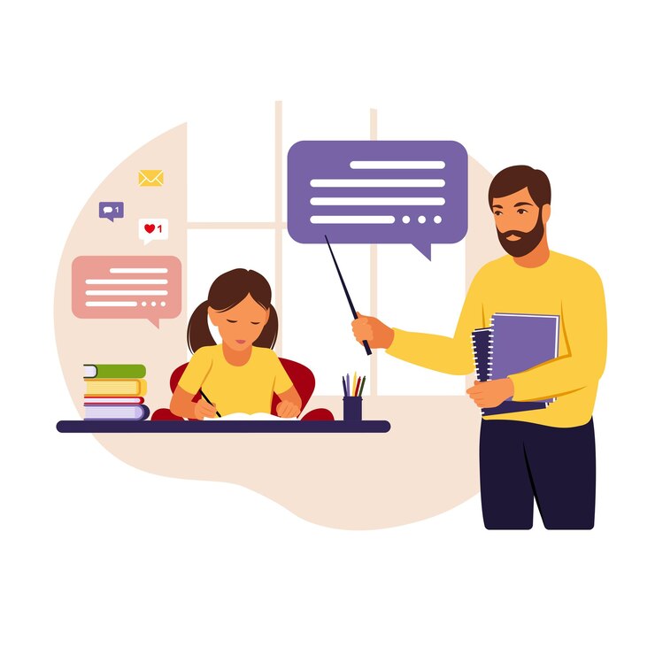 Vector el maestro enseña a la niña en casa o en la escuela. ilustración conceptual para la escuela, la educación y la educación en el hogar. profesor ayudando a niña con la tarea.