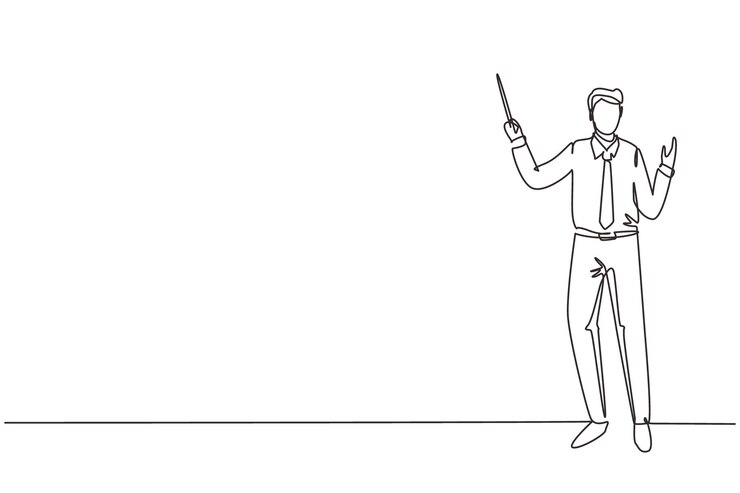 Vector un maestro de escuela de dibujo continuo de una línea hombre con corbata de camisa ordenada y de pie con vector de puntero.