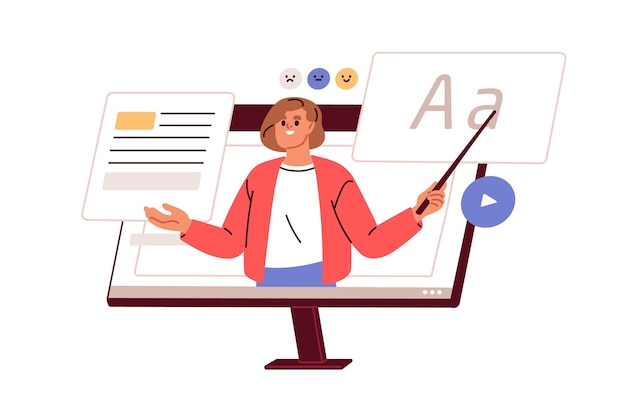 Maestro de escuela en línea en la pantalla de la computadora Curso de Internet de capacitación a distancia Video lección Elearning concepto de tecnología de educación digital Ilustración vectorial plana aislada en fondo blanco