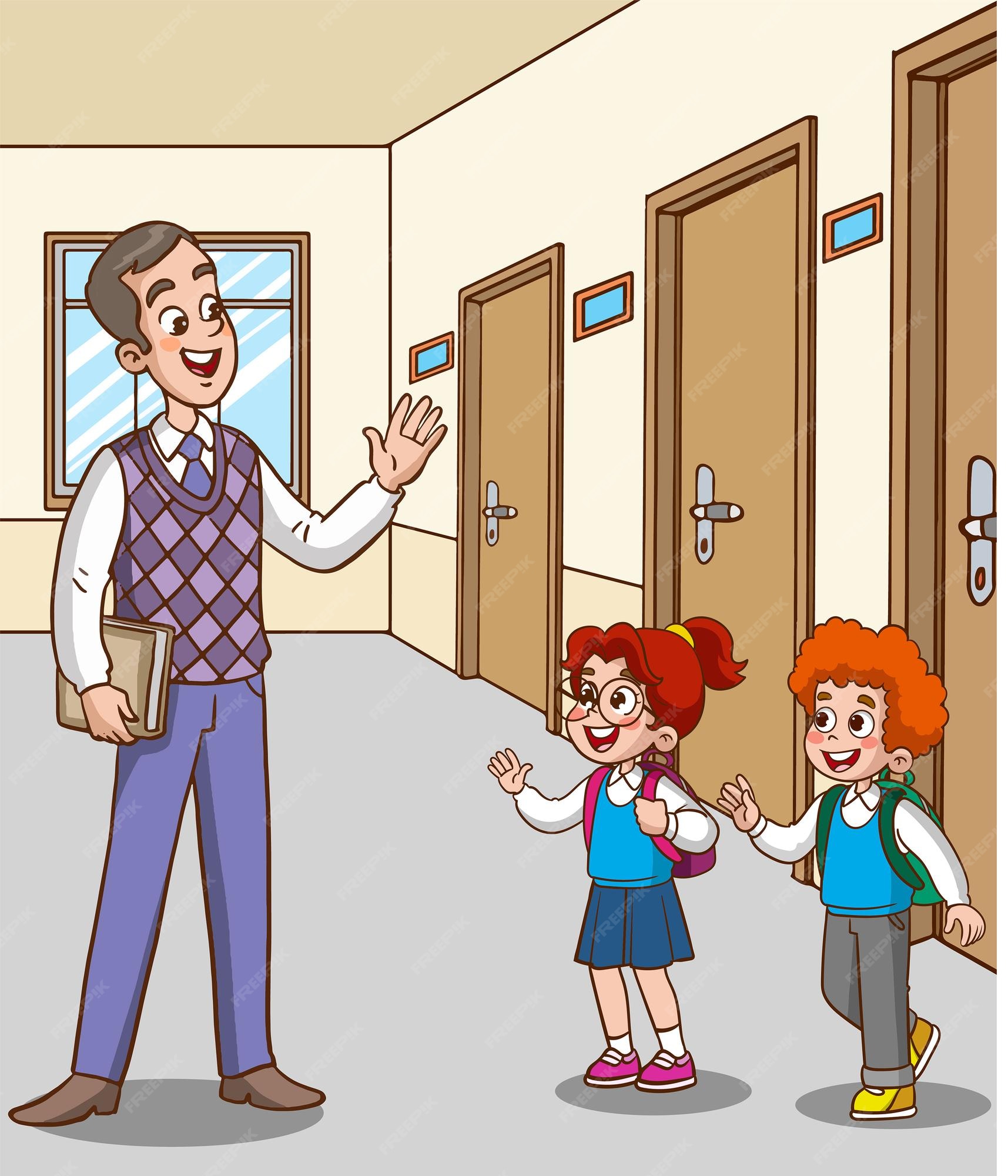 El maestro y los estudiantes saludan en el vector de dibujos animados