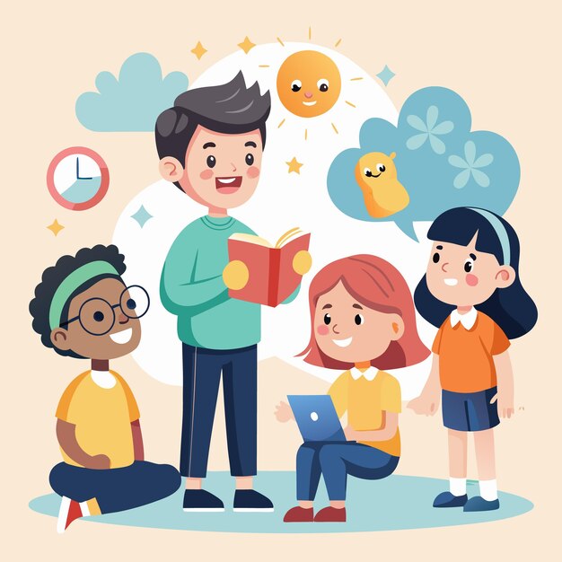 Un maestro lee un libro a un grupo diverso de estudiantes en un entorno de clase