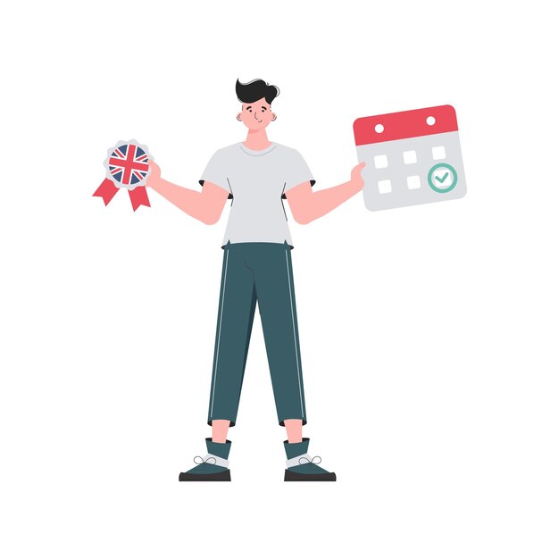 El maestro masculino muestra que es hora de aprender inglés El concepto de aprender inglés aislado Estilo plano de moda Ilustración vectorial