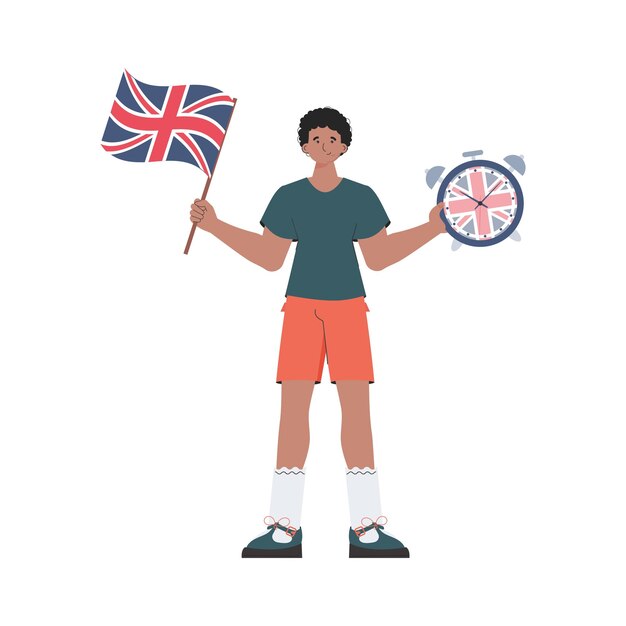 El maestro masculino muestra que es hora de aprender inglés El concepto de aprender inglés aislado plano de estilo moderno vector