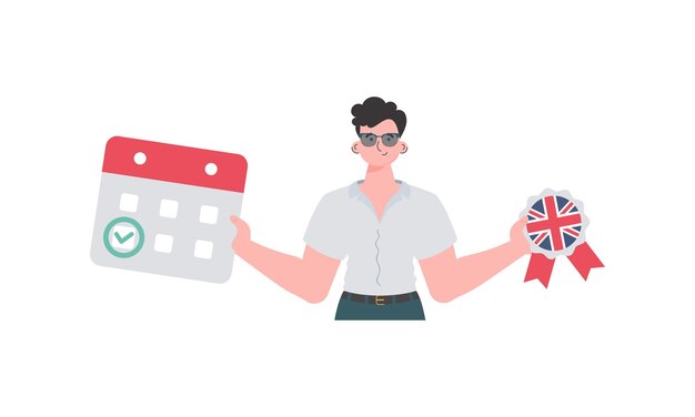 El maestro masculino muestra que es hora de aprender inglés El concepto de aprender inglés aislado Vector de estilo de dibujos animados de moda