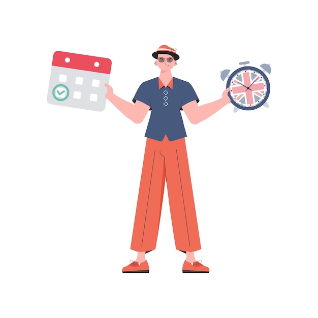 El maestro masculino muestra que es hora de aprender inglés El concepto de enseñar inglés aislado Estilo de dibujos animados de moda Ilustración vectorial
