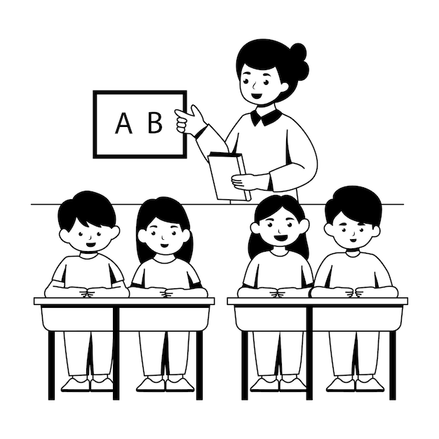 El maestro tomando una clase de niños ilustración de estilo glifo