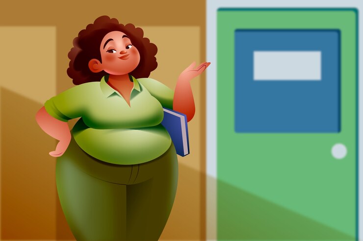 Vector el maestro de verde de pie frente a una puerta verde