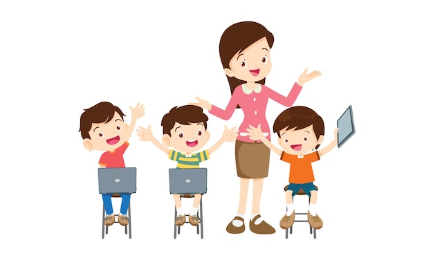maestros y niños que aprenden cursos de educación en tecnología informática