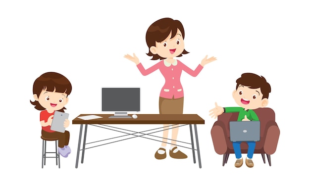 maestros y niños que aprenden cursos de educación en tecnología informática