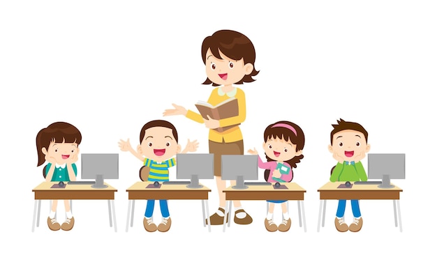 maestros y niños que aprenden cursos de educación en tecnología informática