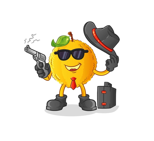 Mafia de jackfruit con carácter de pistola. vector de mascota de dibujos animados