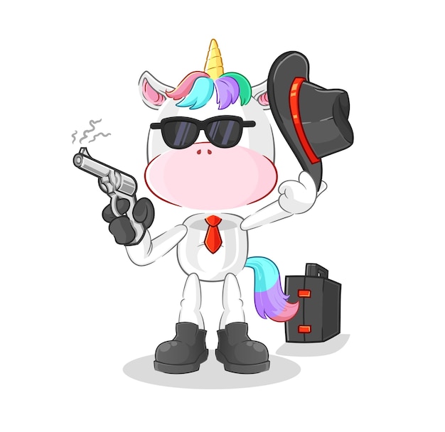 Mafia de unicornio con vector de mascota de dibujos animados de personaje de pistola