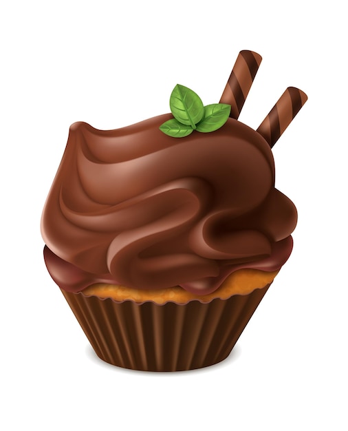 Magdalena de chocolate realista. Postre casero dulce lindo, muffin de cacao con crema, pastel de azúcar moreno dulce con mantequilla para el menú de cafetería, elemento de confitería aislado vector 3d único sobre fondo blanco