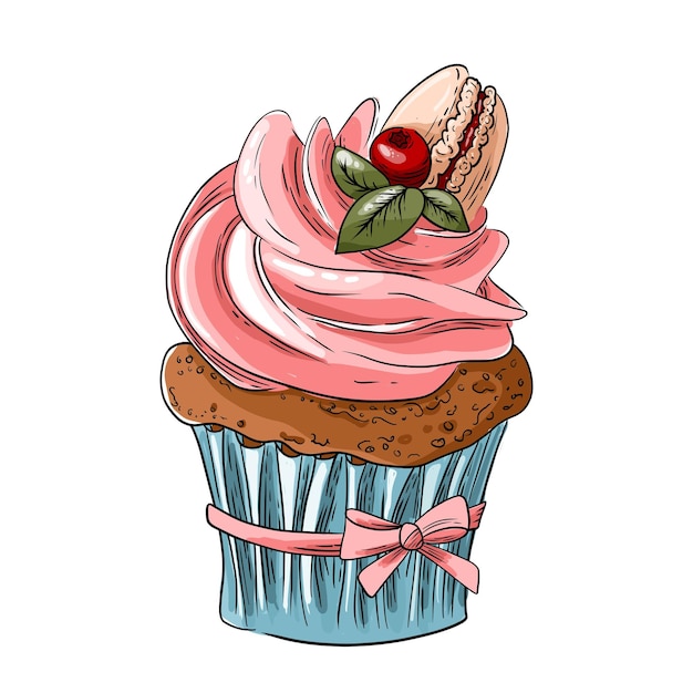 Vector magdalena con crema rosa en una taza azul magdalena con una cinta rosa un pastel con una baya roja impresión para carteles culinarios, ropa y postales