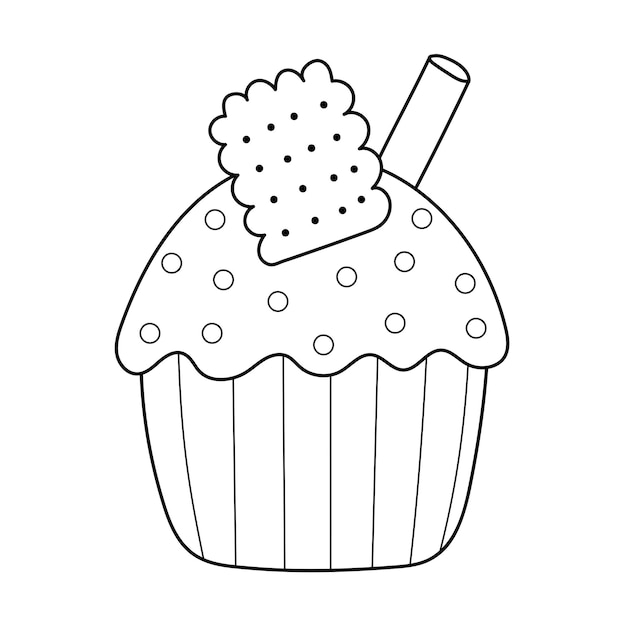 Magdalena de garabato con una galleta en la parte superior Impresión en blanco y negro Postre lindo en estilo de dibujos animados
