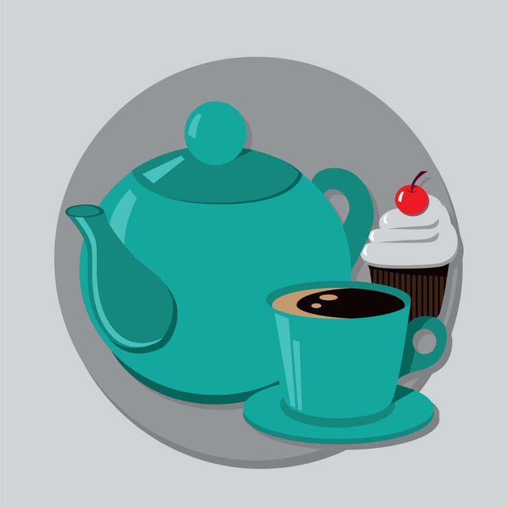 Vector magdalena de la tetera y una taza de té o café.ilustración vectorial