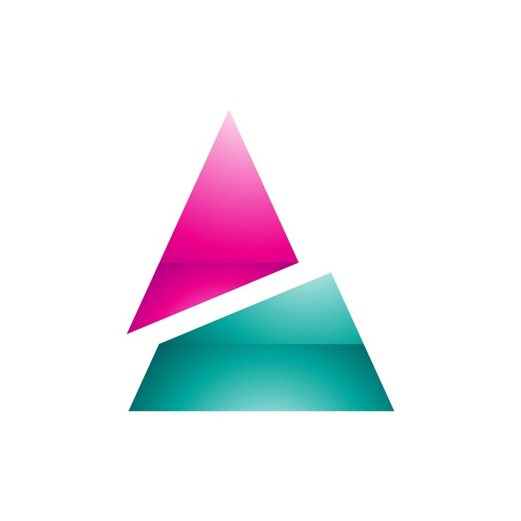 Vector magenta y verde brillante triángulo dividido en forma de letra un icono sobre un fondo blanco