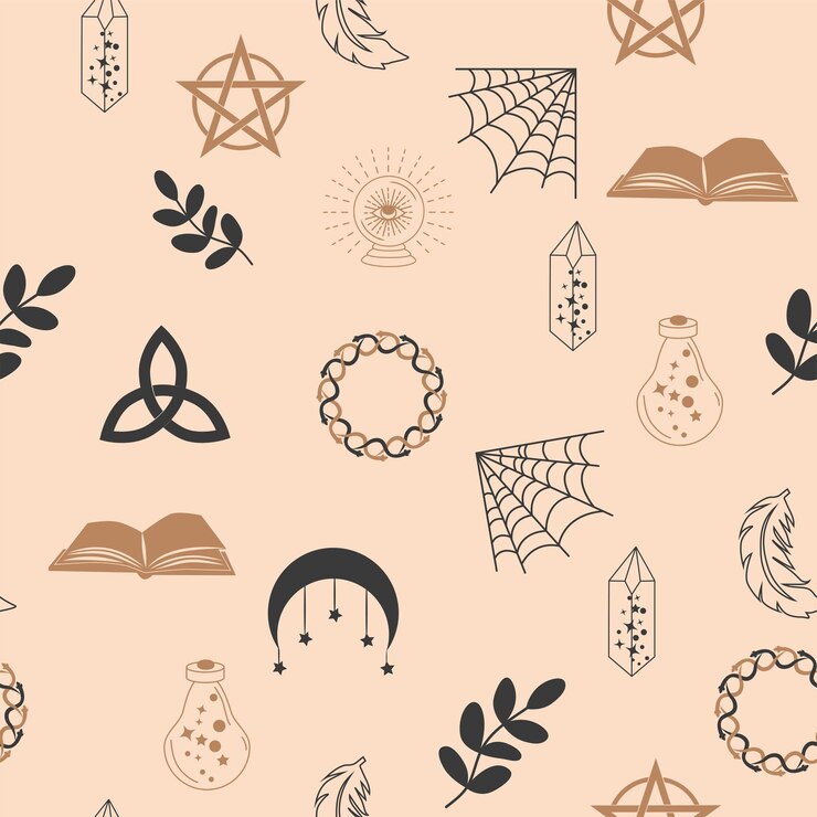 Vector magia y cielo de patrones sin fisuras con elementos mágicos como cartas de tarot de ojo de serpiente mano cráneo poción luna mariposa setas estrellas símbolos y elementos del tema de la brujería
