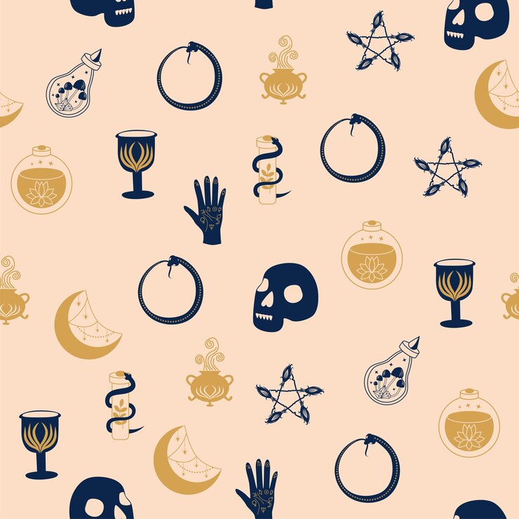 Vector magia y cielo de patrones sin fisuras con elementos mágicos como cartas de tarot de ojo de serpiente mano cráneo poción luna mariposa setas estrellas símbolos y elementos del tema de la brujería