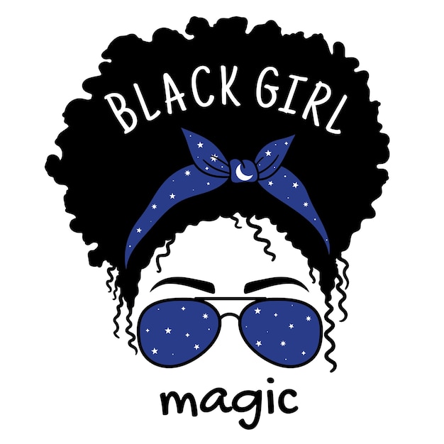 Magia de niña negra. cara de mujer con gafas y pañuelo. mujeres afro. estilo de vida desordenado de la mamá del bollo.