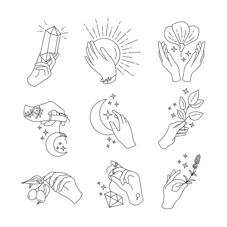 Vector magic hans hold luna cristal y flores plantilla de logotipo boho tatuaje femenino con elementos botánicos simples estrella bohemia y sol limpio monograma de moda esotérico diseño elegante vectorial