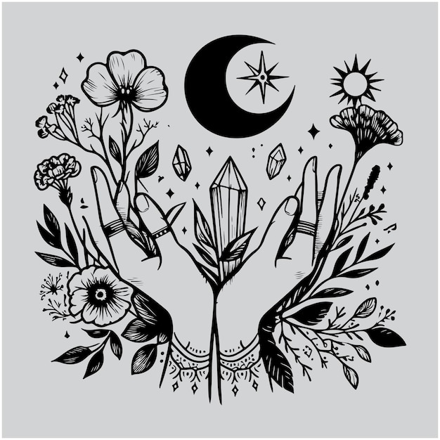 Magic Hans sostiene cristal de luna y flores plantilla de logotipo boho Tatuaje femenino con simple botánico