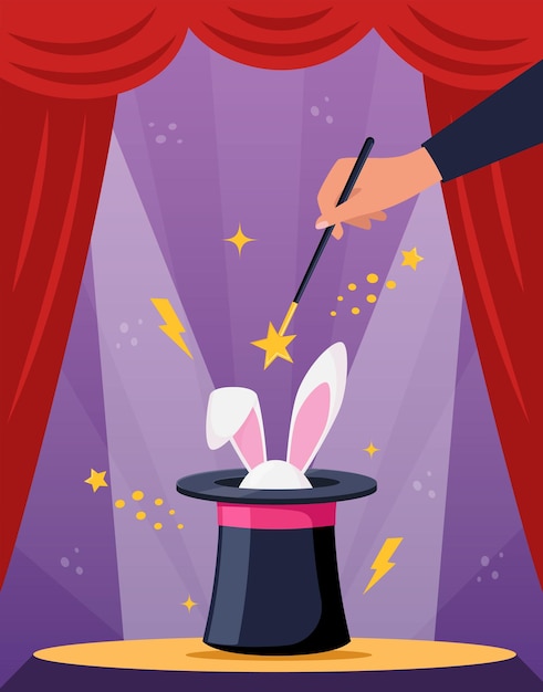 Magic hat with bunny ears Magician hat with rabbit Circus show abracadabra wand in magicians hand