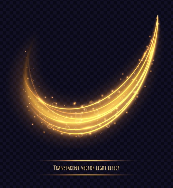 Mágico efecto de rastro de luz dorada aislado. Polvo de estrellas luminiscente con bokeh brillante y destellos. Ilustración vectorial