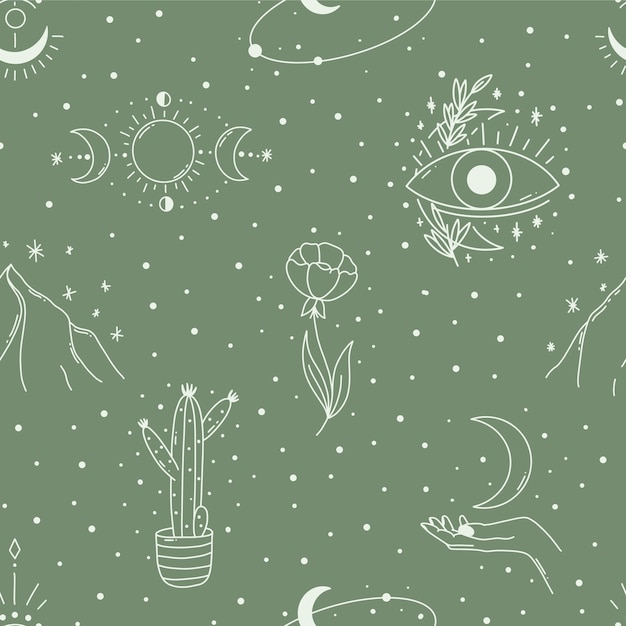 Mágico patrón sin costuras Mystic vector luna hoja clave bola de cristal scull Pastel boho fondo