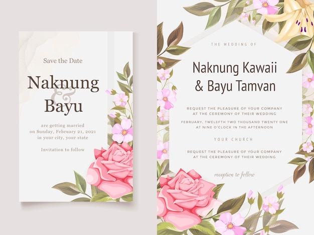 Magnífica plantilla de tarjeta de invitación de boda floral con rosas y hojas